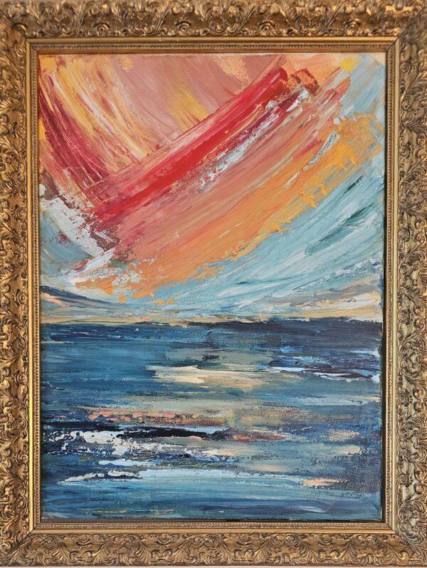 Ethereal Horizon,” an abstract seascape capturing the vibrant energy of a sunset sky over tranquil ocean waves. Original art in vivid colors.